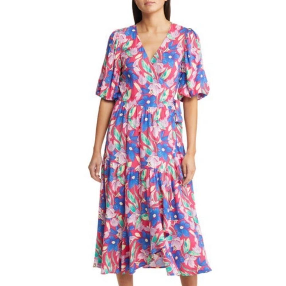 Chelsea28 Floral Print Puff Sleeve Wrap Dress in Pink Floral